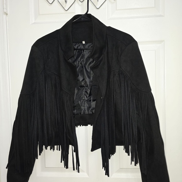 Women's Black Leather Fringe Jacket - Picture 2 of 3